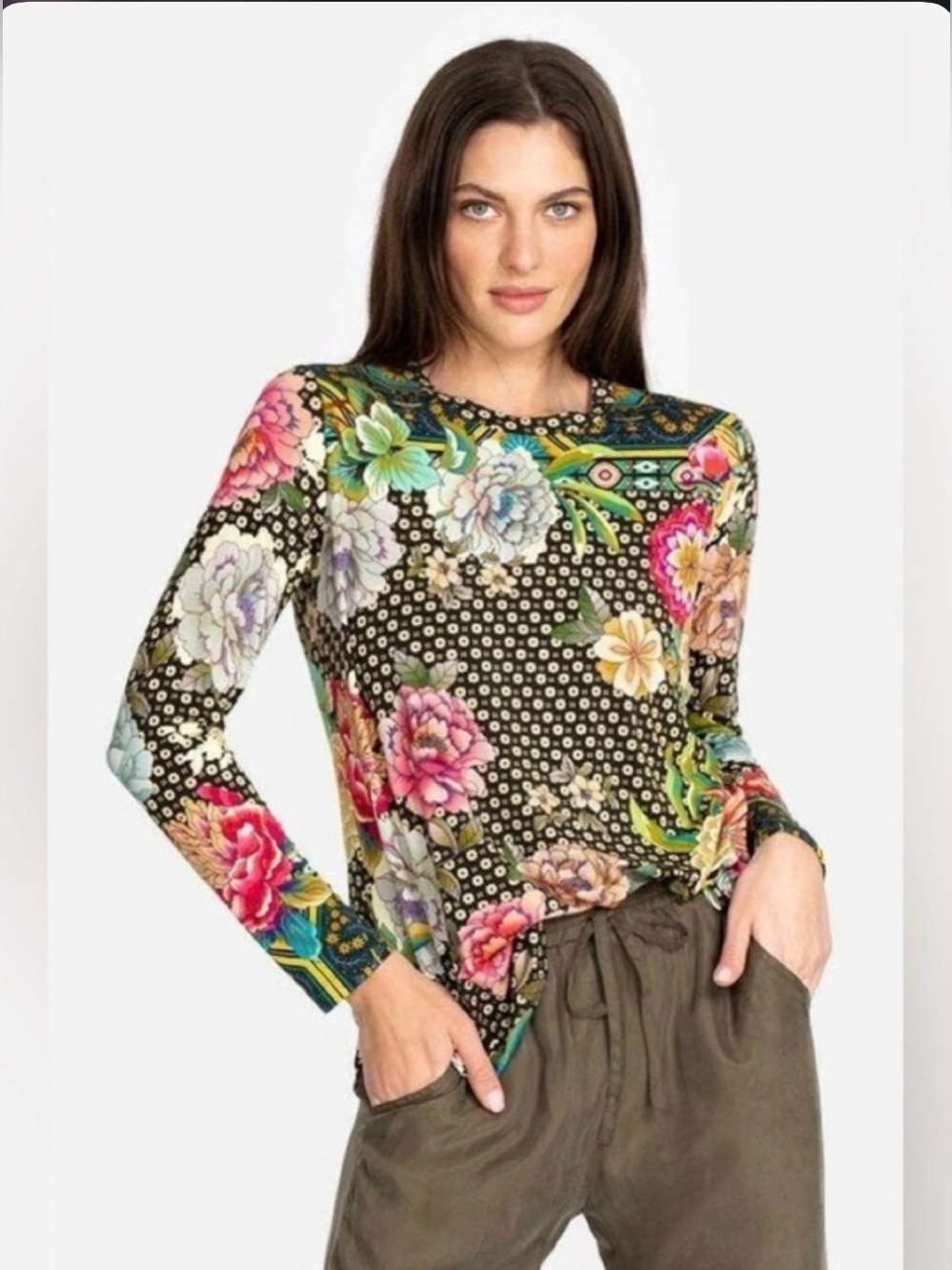 Johnny Was Fagsn Floral Mixed-Print Long-Sleeve Women's Top - Black Multicolor